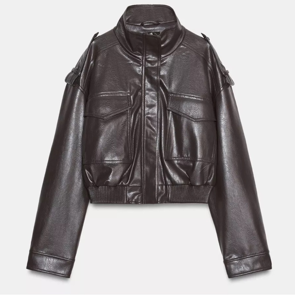 Zara Brown Vegan Leather Cropped Bomber Jacket xs - Picture 7 of 13